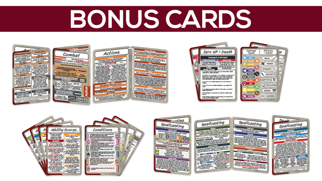 Bonus Cards, Combat/Actions, Hit Points, Ability Scores, Spellcasting, Icon Legend